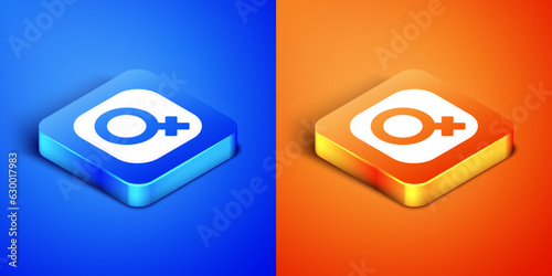 Isometric Female gender symbol icon isolated on blue and orange background. Venus symbol. The symbol for a female organism or woman. Square button. Vector
