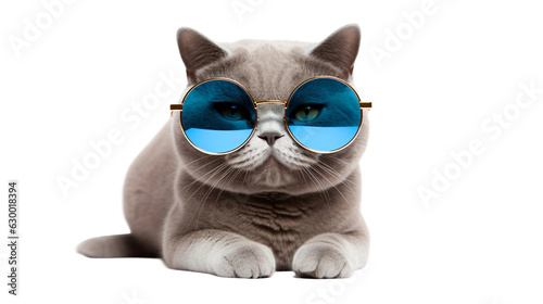 british shorthair cat wearing blue tinted round frame sunglasses isolated on a transparent background, generative ai