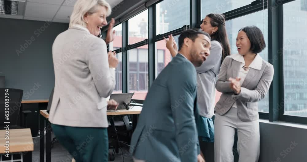 Business people, diversity and dance in office for celebration, success and motivation of bonus. Corporate team building, happy asian man and dancing with friends for winning, funny group and freedom