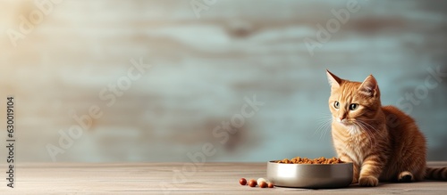 A banner with copy space shows a ginger cat eating cat food from a bowl