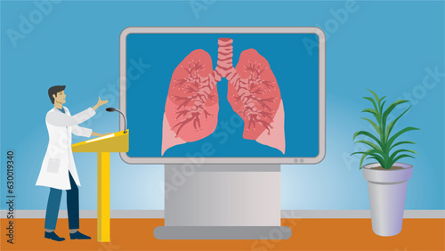 Man doctor or medical student in lecture about lungs, pulmonis. Standing in front of big monitor screen in lecture hall. Dimension 16:9. Vector illustration.