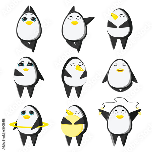  Sports penguin does yoga and fitness. Healthy lifestyle. Collection of cartoon penguins demonstrating different yoga poses isolated on white background - vector