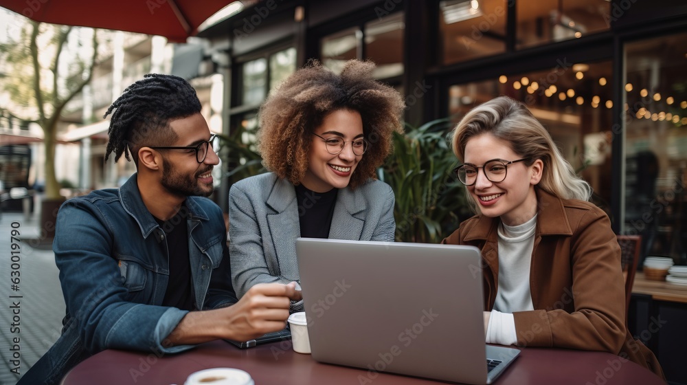 smiling happiness lgbtq friend group enjoy weekend vacation using laptop seurf social media casual conversation in cafe restaurant,ai generate smiling happiness lgbtq friend group enjoy weekend vacation using laptop seurf social media casual conversation in cafe restaurant,ai generate
