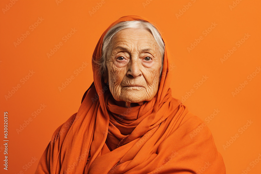 Generative AI closeup portrait of very old beautiful woman grandmother age lady arabian culture style isolated orange background Generative AI closeup portrait of very old beautiful woman grandmother age lady arabian culture style isolated orange background