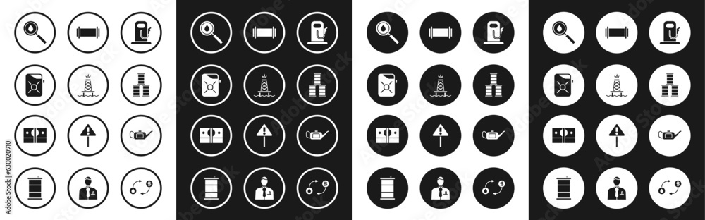 Set Petrol or gas station, Oil rig with fire, Canister for motor oil, drop, Barrel, Industry pipe, and Stacks paper money cash icon. Vector