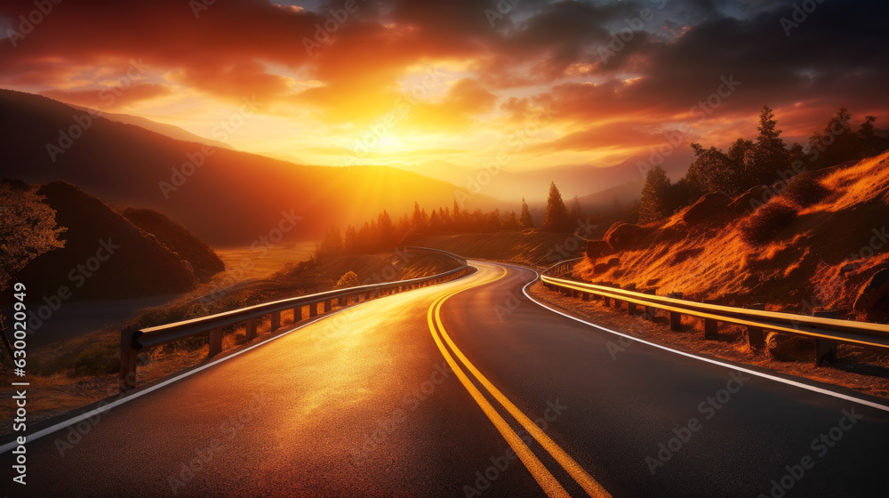 Panoramic Image of a Lonely, Endless Road During Sunset Through Forest