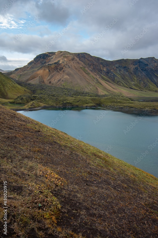 Picturesque landscape featuring a tranquil lake surrounded by mountains. Landmannalaugar, Iceland. Picturesque landscape featuring a tranquil lake surrounded by mountains. Landmannalaugar, Iceland.