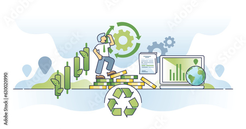 Green economy and environmental global business development outline concept. Save earth with sustainable projects and nature friendly investments vector illustration. Company with future bio vision.
