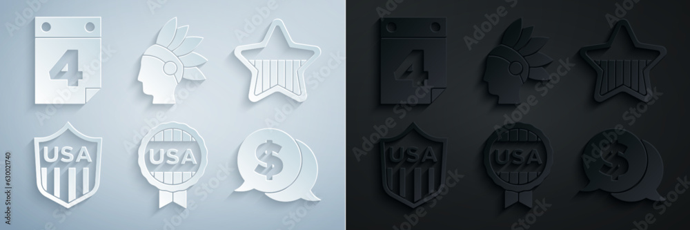 Obraz premium Set Medal with star, USA Independence day, Shield stars, Coin money dollar, Native American Indian and Calendar date July 4 icon. Vector