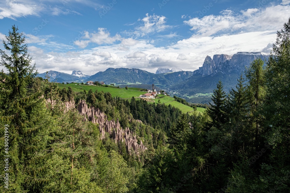 Stunning aerial view of the Earth pyramids in Ritten, located near Bozen in South Tyrol, Italy