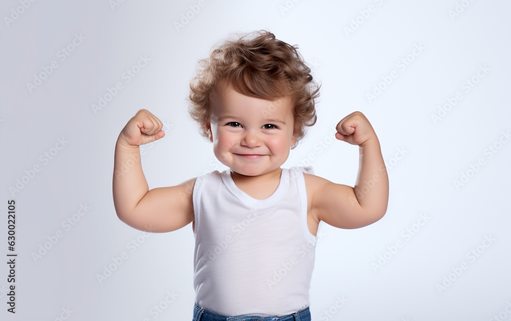 A little muscular strong child shows his biceps, isolated on white background A little muscular strong child shows his biceps, isolated on white background