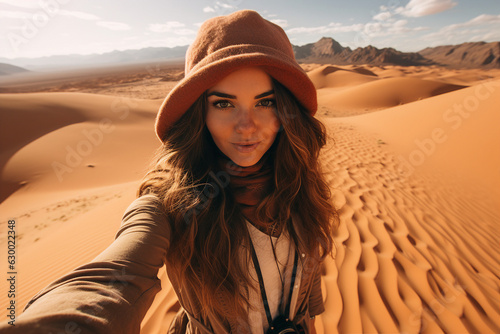 Generative AI picture image of funny woman traveler blogger making selfies sunny day lonely desert beautiful sand view photo