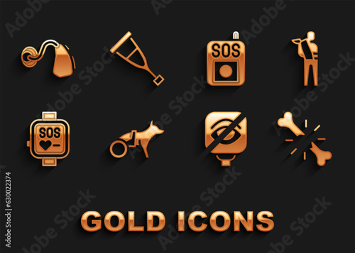 Set Dog in wheelchair, Human broken arm, bone, Blindness, Smart watch, Press the SOS button, Hearing aid and Crutch or crutches icon. Vector