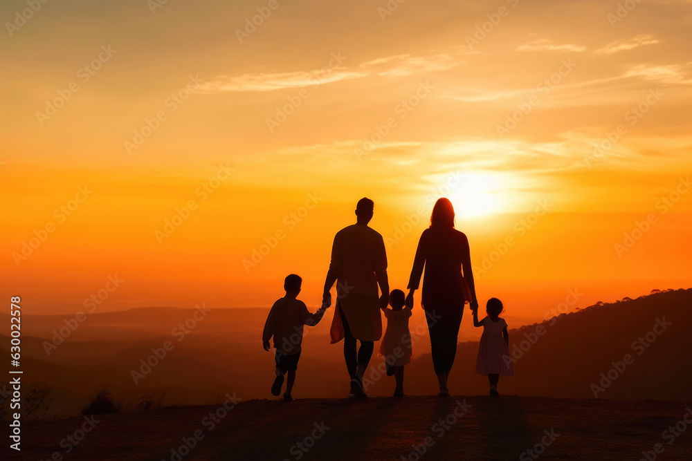 Silhouette of Parents and Kids Walking at Sunset