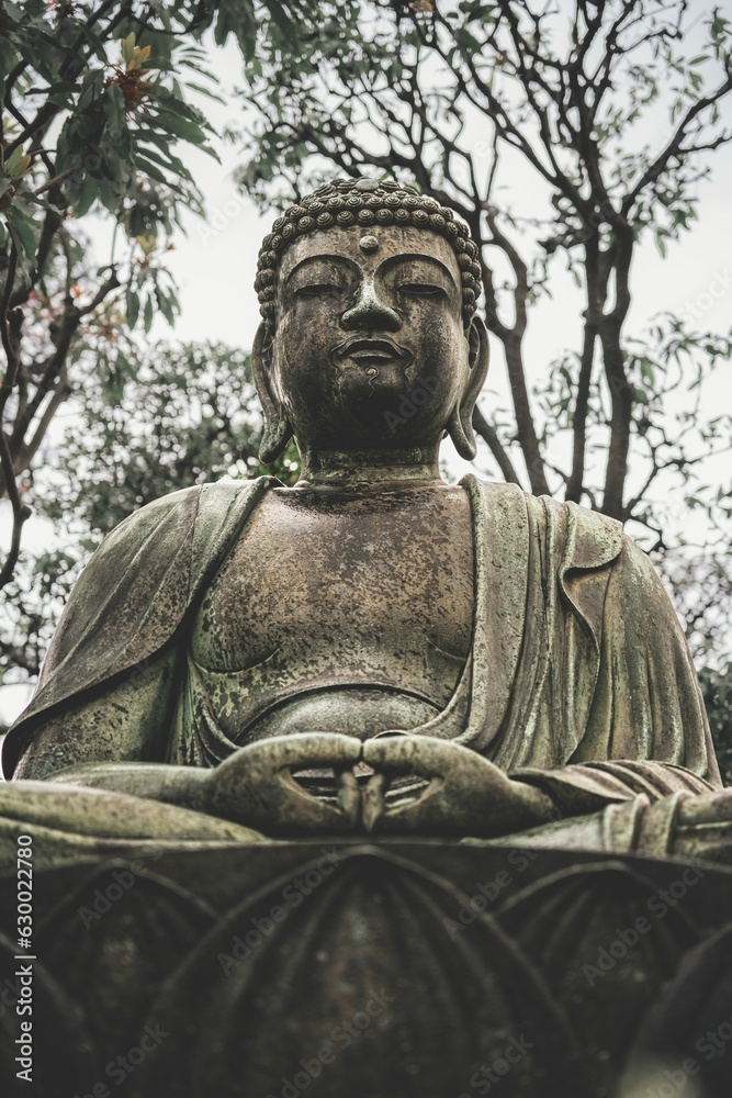 Majestic Japanese statue of the Buddha in front of a towering building and lush trees