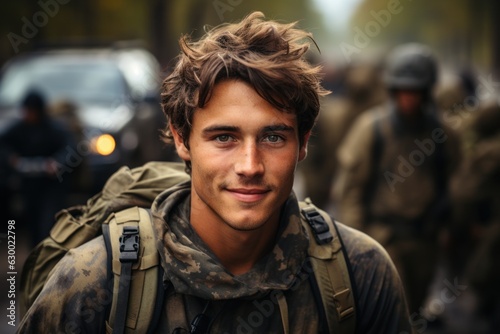 A happy young soldier returning home from the army