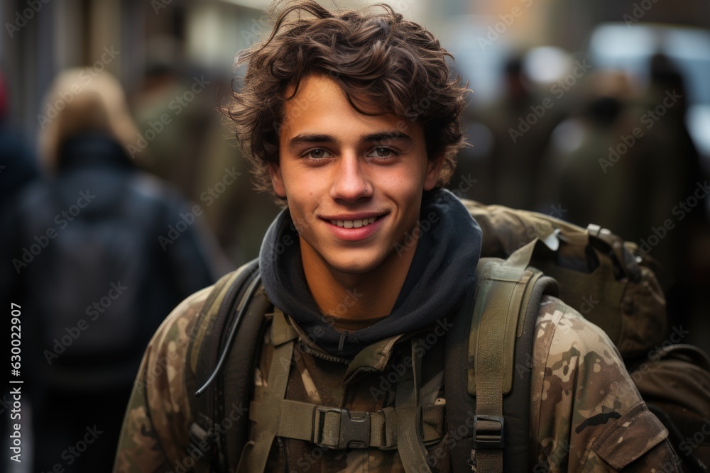 Fototapeta premium A happy young soldier returning home from the army