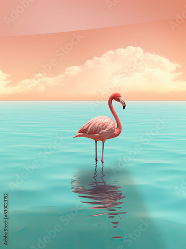 Flamingo floating on water  in the style of lo - fi aesthetics  sun - soaked colors  turquoise and sky - blue  reefwave  interactive experiences  seaside vistas  ai generative