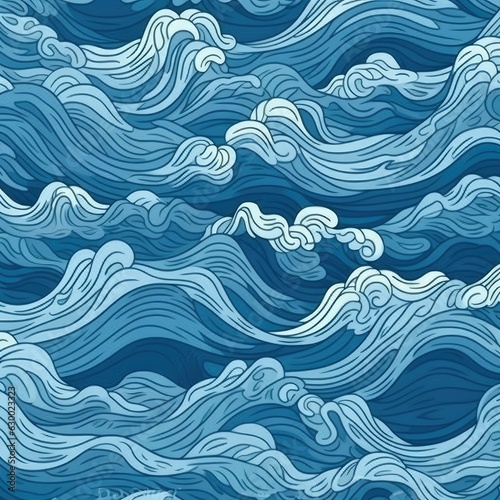 Sea blue waves in cartoon style. Marine texture, background. Generative AI