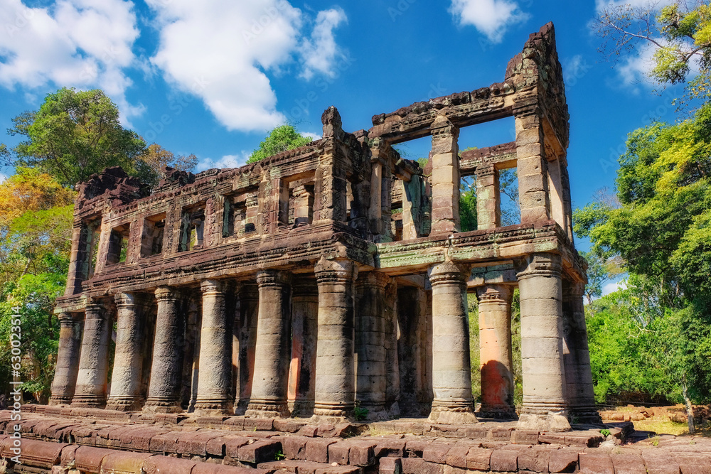 Timeless elegance: Ancient colonnade, ruins of a Khmer building adorned with majestic columns, Preah Khan.