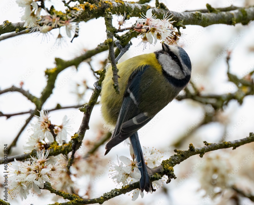 Eurasian blue tit bird perched atop the branches of a blossoming cherry tree Eurasian blue tit bird perched atop the branches of a blossoming cherry tree