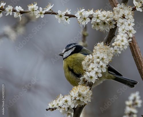 a small bird sitting on a branch of a tree with flowers photo