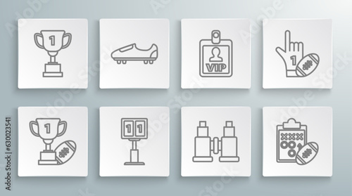 Set line Award cup and American football ball, Binoculars, Planning strategy concept, VIP badge, Number 1 one fan hand glove finger raised american and icon. Vector