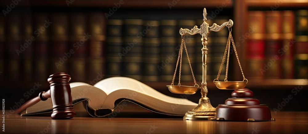 law and justice is represented by a mallet gavel of the judge, scales of justice, and books. There is