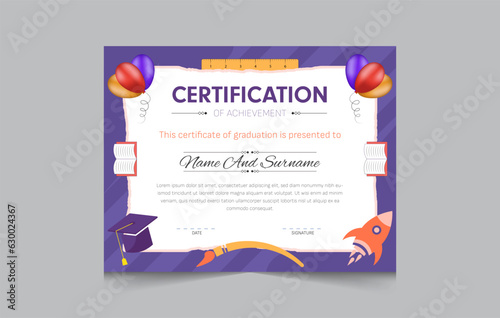 Kindergarten certificate template for kids, fun colorful and illustration with diploma certificate for kids, vector illustration eps 10