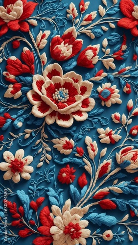 Blue floral pattern with red and white flowers