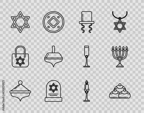 Set line Hanukkah dreidel, Jewish sweet bakery, Orthodox jewish hat with sidelocks, Tombstone star of david, Star David, Burning candle in candlestick and menorah icon. Vector
