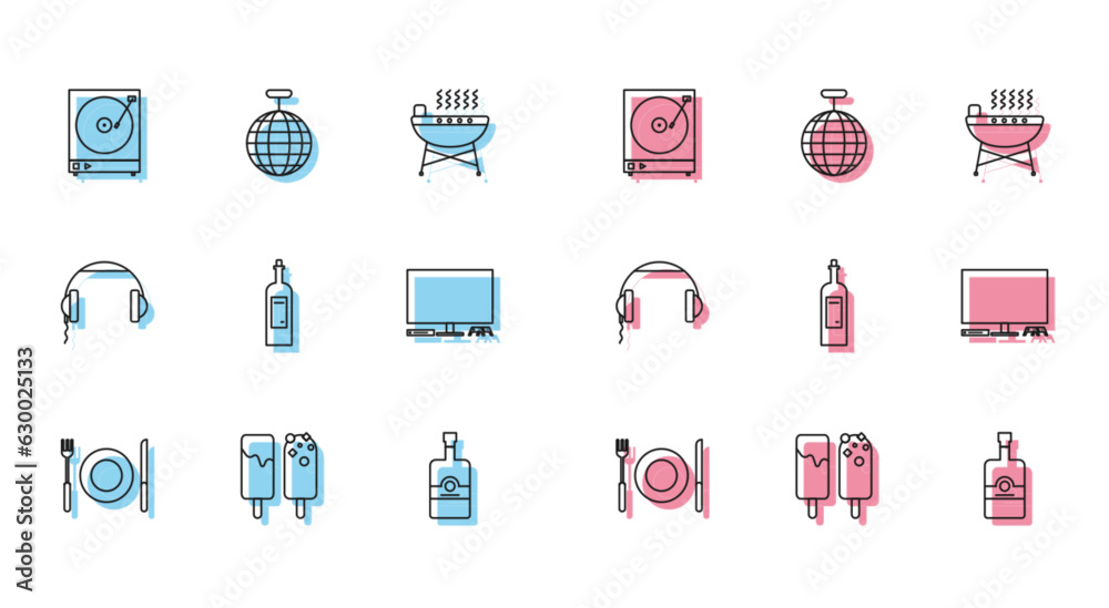 Set line Plate, fork and knife, Ice cream, Vinyl player with vinyl disk, Whiskey bottle, Bottle of wine, Video game console, Headphones and Disco ball icon. Vector