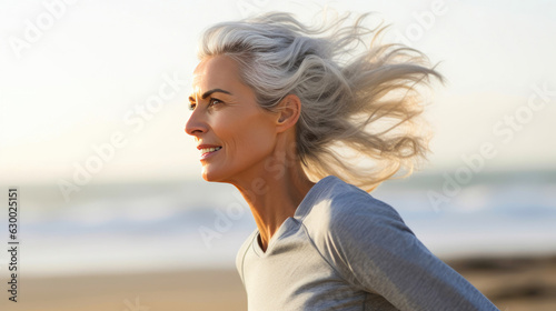 Active Middle-Aged Woman Enjoying Beach Jogging, Portrait