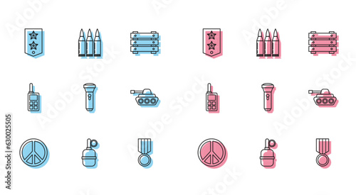 Set line Peace, Hand grenade, Chevron, Military reward medal, Flashlight, tank, Walkie talkie and Bullet icon. Vector