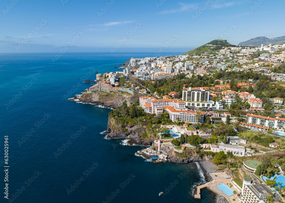 Fototapeta premium Aerial view of a luxury resort and beach in Funchal, Madeira Island, Portugal