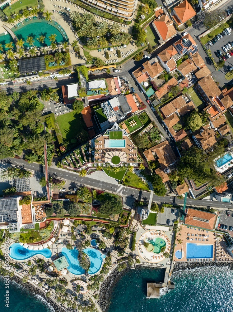 Fototapeta premium Aerial view of a luxury resort and beach in Funchal, Madeira Island, Portugal