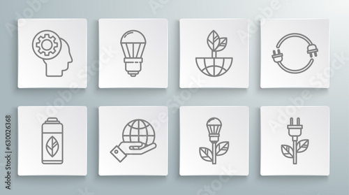 Set line Recycling plastic bottle, LED light bulb, Human hands holding Earth globe, Light with leaf, Electric saving plug, and head gear inside icon. Vector