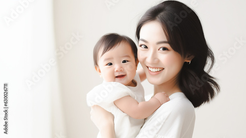 抱っこされた赤ちゃんと笑顔のママ photo