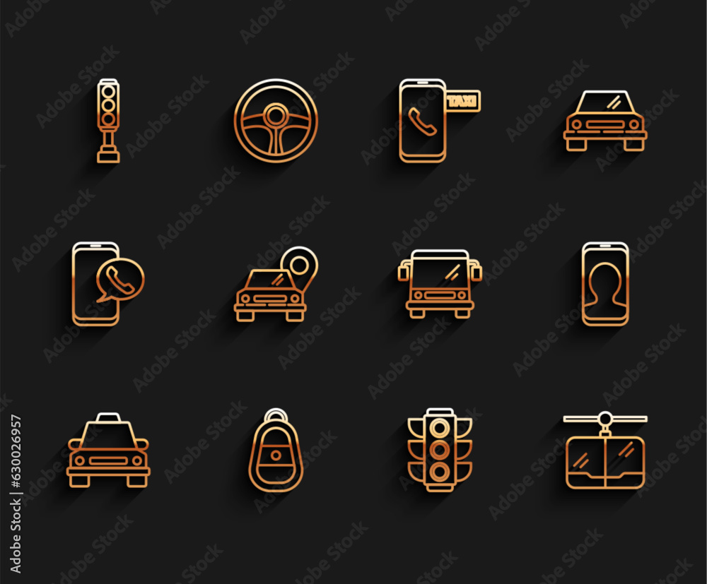 Set line Taxi car, Car key with remote, Traffic light, Cable, Map pointer taxi, call telephone service and Bus icon. Vector Set line Taxi car, Car key with remote, Traffic light, Cable, Map pointer taxi, call telephone service and Bus icon. Vector