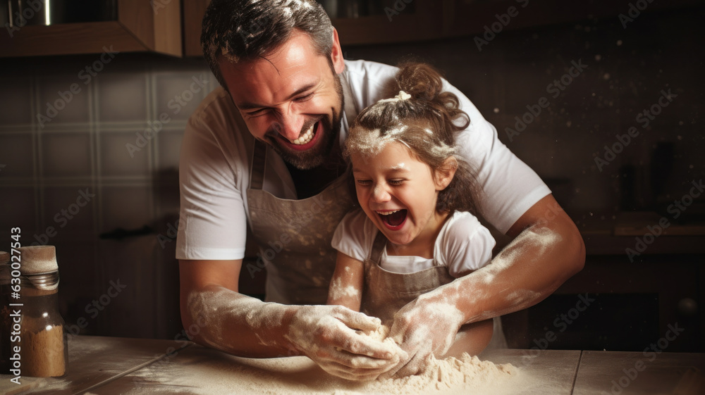 dad and daughter making dough in the kitchen laughing - obrazy, fototapety, plakaty 