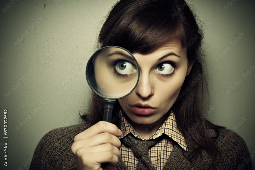 detective private woman investigating and looking through magnifying glass detective private woman investigating and looking through magnifying glass