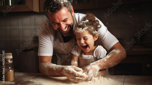 dad and daughter making dough in the kitchen laughing