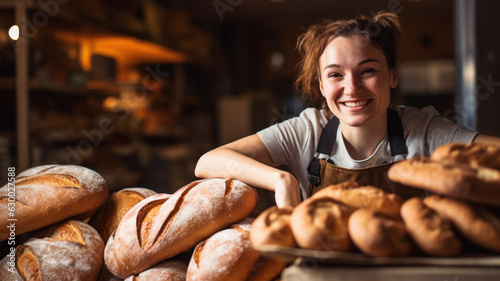 Fotografia baker woman smiling in bakery shop with breads
