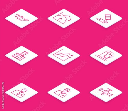 Set line Canister for motor oil, Drop in crude price, Barrel leak, Oil increase, Petrol gas station, Businessman stock market trader and Oilman icon. Vector