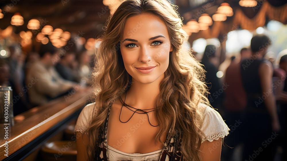 Beautiful woman with German features dressed in traditional Bavarian Dirnd costume. Oktoberfest celebration, beer festival with many people in the background in a bar or tavern.