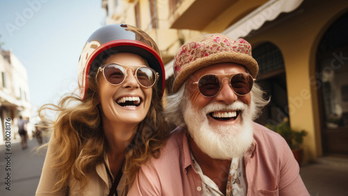 European elderly couple on a scooter experiences a sensory delight, feeling the beauty and fragrance of nature as they ride. Fictional people. Generated Ai