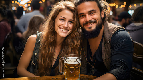 Smiling couple drinking a mug of beer at Oktoberfest