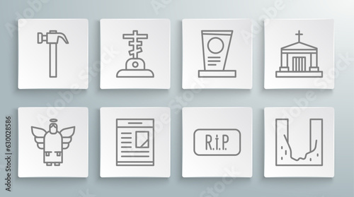 Set line Christmas angel, Grave with cross, Obituaries, Speech bubble rip death, Cemetery digged grave hole, tombstone, Old crypt and Hammer icon. Vector