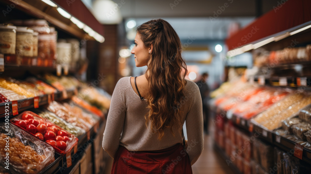 woman wearing tshirt; in a grocery store; backview. Generative AI