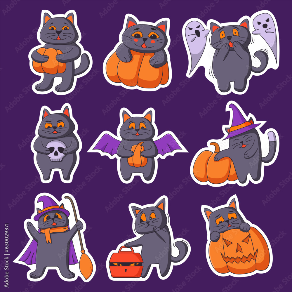 Happy halloween - cats sticker.Set cute black cartoon cats.Creepy black cats. Autumn stickers with scary.Cat with a pumpkin, in costumes.Cat in the witch hat.Character cartoon cat scared of ghosts.